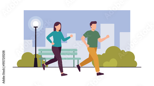 Couple jogging in urban park, promoting health and active lifestyle