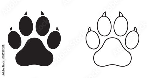 Black and white animal paw print icon silhouette outline graphic design element