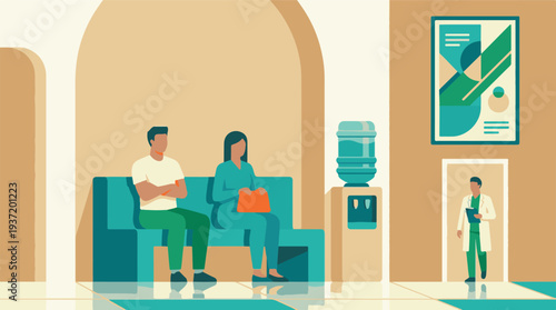Patients and doctor in modern minimalist clinic waiting room illustration