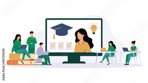Online education and e-learning concept with students and virtual classroom