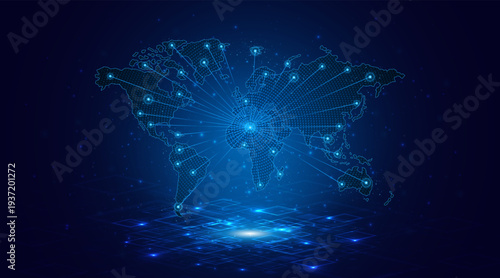The concept of future global network connectivity technology. World map. Global data transmission or business operations.