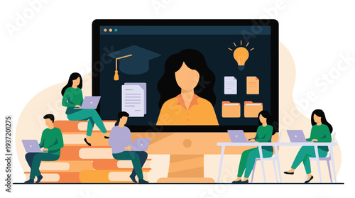 Online education concept with students learning via virtual class on computer