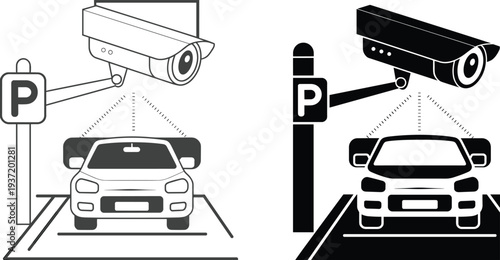 Parking surveillance camera system illustration, car monitored in parking area, security CCTV technology, vehicle safety monitoring, smart parking protection vector icons