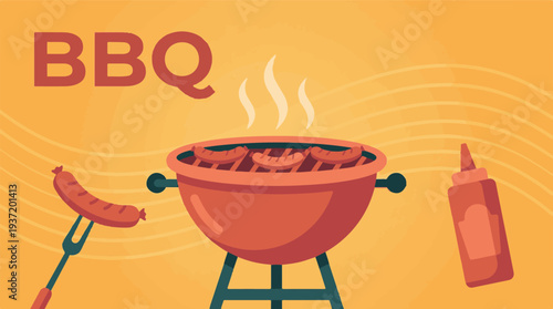 Outdoor Barbecue Cookout Illustration with Grill, Sausages, and Ketchup