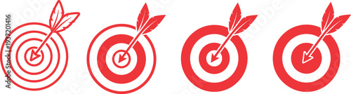 Four red bullseyes with arrows in silhouette style on white background silhouette