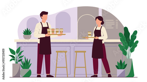 Baristas working in a modern coffee shop serving hot drinks on trays