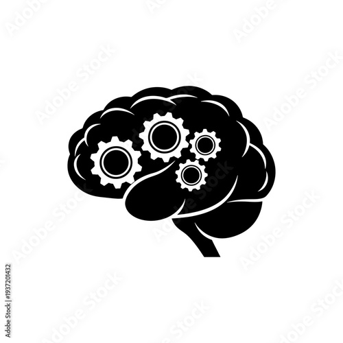 A conceptual depiction of a brain with integrated gears representing thought processes silhouette