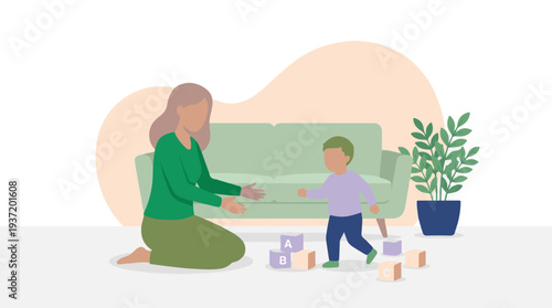 Mother and toddler playing with colorful alphabet blocks on the floor at home