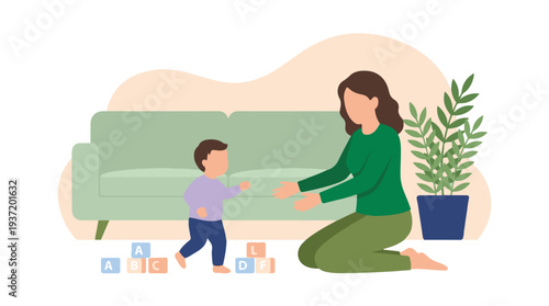 Mother encouraging her toddler's first steps with alphabet blocks on the floor