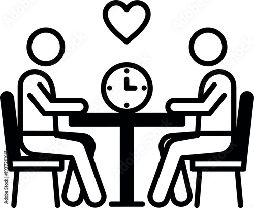 Silhouette of a romantic dinner date for two at a table with a clock and heart