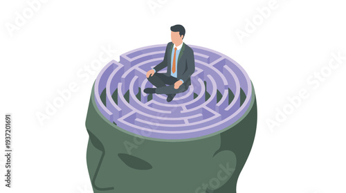 Businessman meditating in mind maze - concept of problem solving and thinking