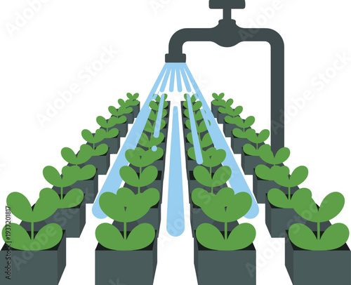 Smart irrigation system watering plants in garden rows modern agriculture technology automatic water sprinkler farming vector illustration concept