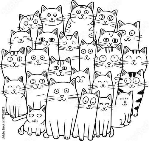 Cute cartoon cats group coloring page, funny kitten collection line art for kids pet activity – cad drawing flat vector illustration