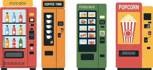 Snack and beverage vending machines set, food box, coffee machine and popcorn dispenser icons, automated self service retail vector illustration