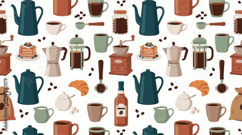 Coffee and Breakfast Items Seamless Pattern with Kitchen Utensils