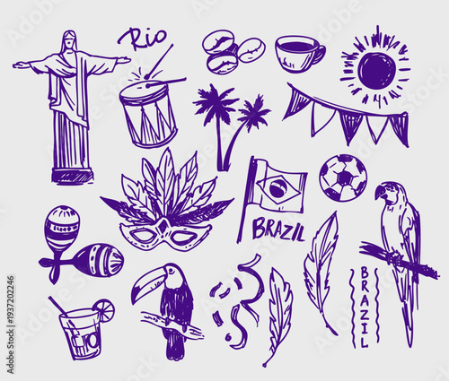 Brazilian objects set, Rio de Janeiro, Carnival, Brazilian culture elements , monochrome hand-drawn doodles.