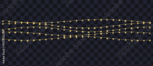 Multiple strands of warm golden fairy lights illuminate a dark transparent checkered backdrop beautifully