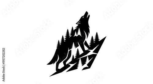 Silhouette wolf howling forest trees
