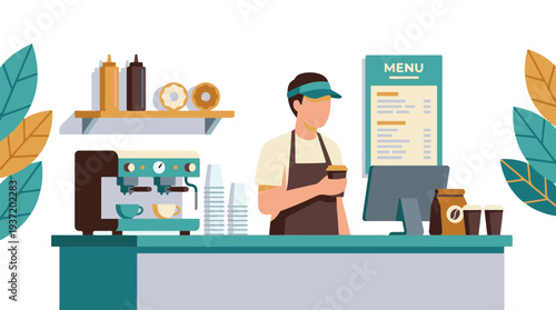 Barista making coffee at a modern cafe counter with espresso machine and menu