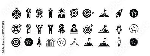 A collection of 30 black and white icons depicting targets people and various objects in a pixelated style on a white background