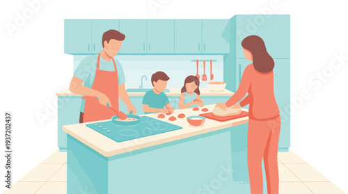 Happy family cooking together in a modern kitchen, creating homemade food