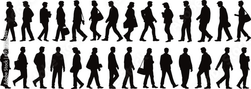 Walking people silhouette collection, men and women walking poses set, business and casual pedestrians side view black vector illustration isolated