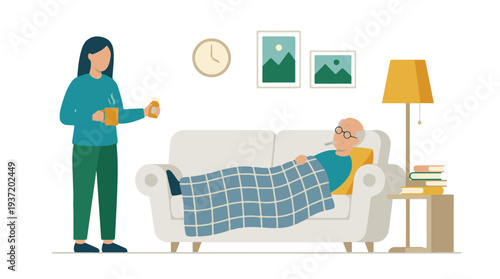 Woman caring for ill elderly man, offering medicine and hot drink at home