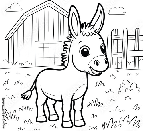 Cute cartoon baby donkey standing on farm meadow with barn background coloring page cad drawing flat vector illustration with comma