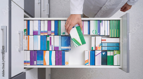A pharmacist’s hand is organizing medicine boxes in a pharmacy drawer. The drawer contains various colorful packages of medications, neatly arranged and labeled. The scene captures the concept of heal