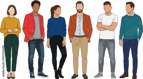 Diversity in business casual fashion, featuring a diverse group of professionals in colorful modern outfits for corporate team collaboration