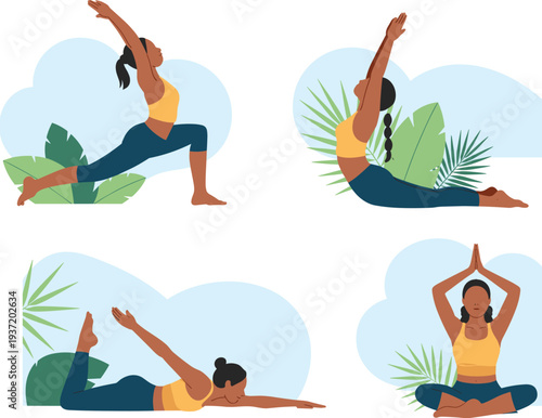 Woman practicing yoga poses set with meditation, stretching and flexibility exercises, healthy lifestyle and mindfulness flat vector illustration collection