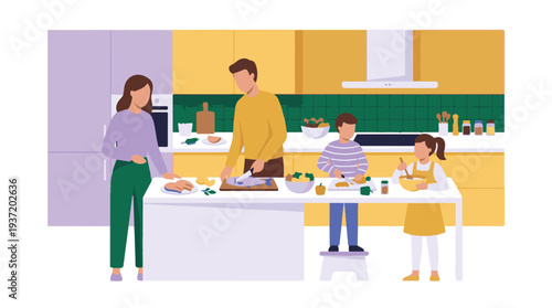 Happy family cooking together in a modern kitchen, preparing a healthy meal