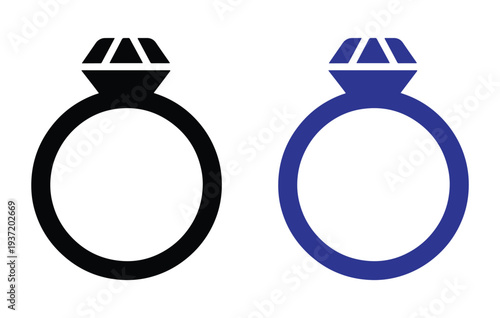 Simple black and blue diamond engagement ring icons on white background