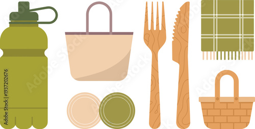 Zero waste picnic set with reusable water bottle, wooden cutlery, plates, bag and blanket, eco friendly outdoor dining vector illustration