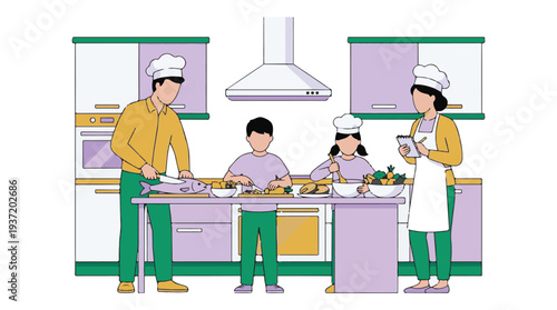 Family cooking together in a modern kitchen, preparing healthy meals