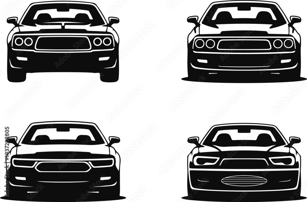 Obraz premium Collection of four black silhouette front views of classic American muscle cars on a white background