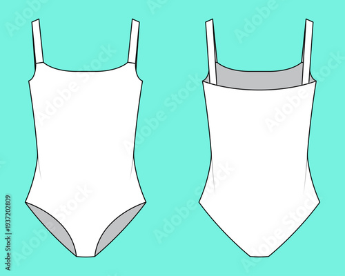Women's Minimalist Spaghetti Strap One-Piece Bodysuit Technical Flat Sketch CAD Outline Template