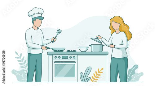 Couple Cooking Together in Modern Kitchen with Stove and Oven