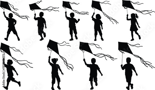 Children flying kite silhouettes collection showing kids playing outdoor with kites, joyful childhood activity in park, black silhouette illustration isolated on white background
