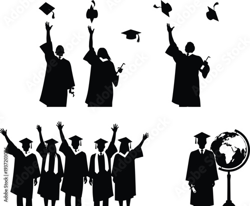 Graduation students silhouette collection throwing caps and celebrating academic achievement, university graduates group illustration isolated on white background, education success concept