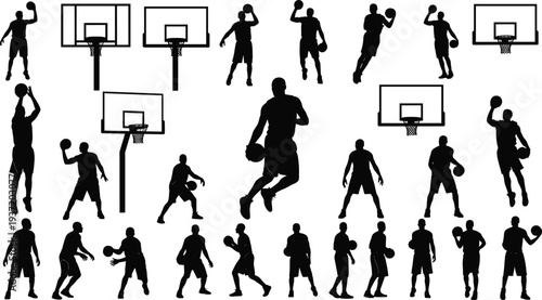 Basketball player silhouette collection with athletes dribbling, shooting and dunking near hoop and backboard, dynamic sports action illustration isolated on white background