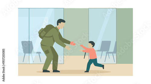 Military father reuniting with his son, heartwarming family homecoming