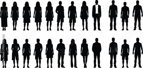 People silhouette collection showing men and women standing in various poses, human figure set isolated on white background, diversity crowd illustration concept