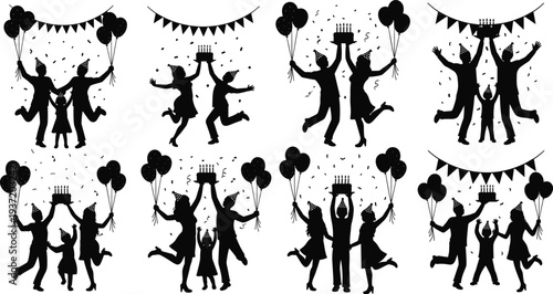 Joyful party people silhouettes with balloons, confetti and festive banners, celebrating birthday or festival event, dancing crowd vector illustration isolated on white background