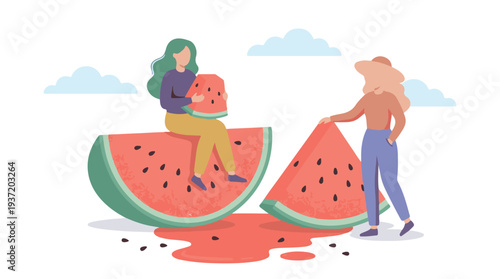 Two women enjoying fresh watermelon slices outdoors in summer illustration