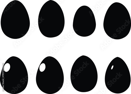 Eight black silhouettes of different shaped eggs on white background