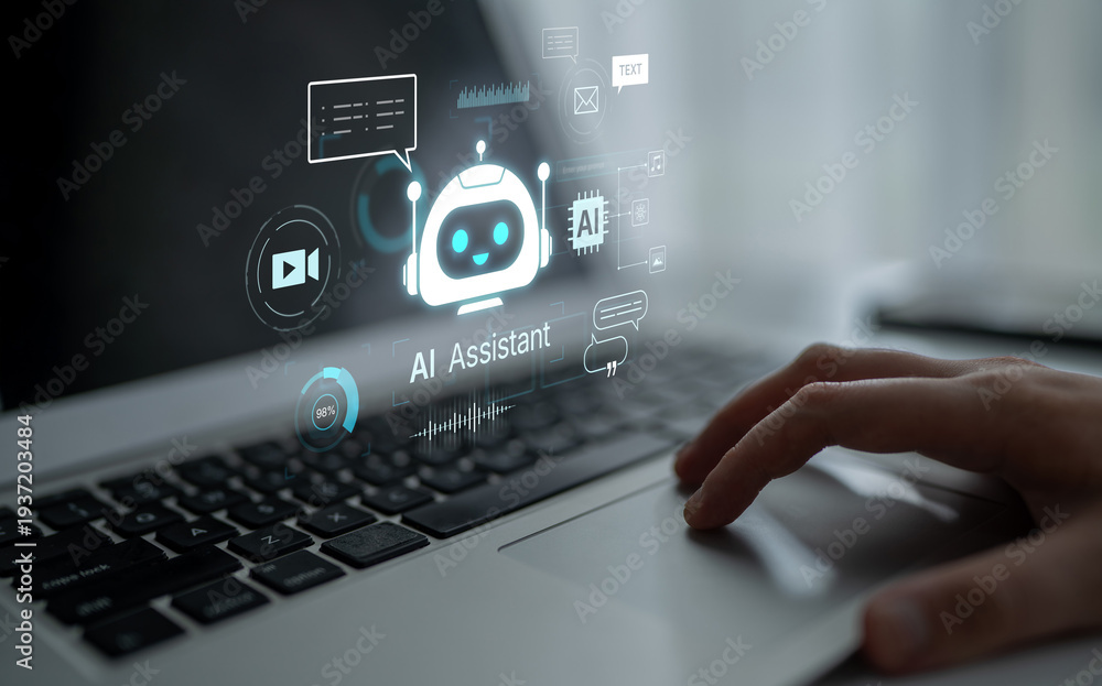 Obraz premium Futuristic AI assistant with autonomous agent capabilities, AI natural language understanding, and seamless business workflow AI integration. AI for modern productivity and tech solutions. Corpus