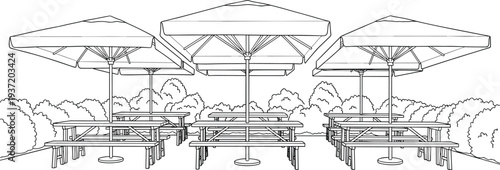 Outdoor restaurant terrace with patio umbrellas and picnic tables in garden park setting, cafe seating area line art landscape illustration