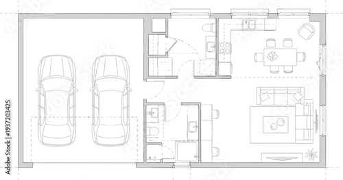 Modern house floor plan with garage parking for two cars, living room kitchen dining layout, architectural blueprint home design top view illustration