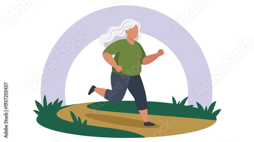Active senior woman jogging outdoors on a park path, healthy lifestyle illustration